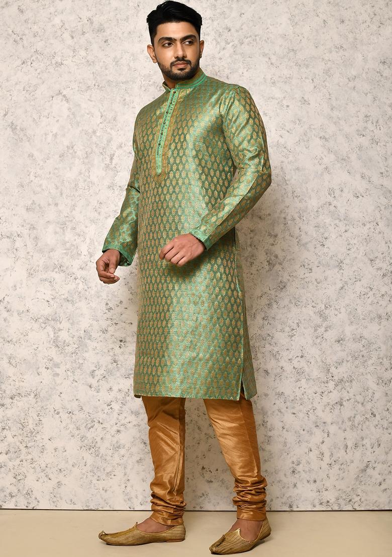 Green Embroidered Silk Kurta Set For Men