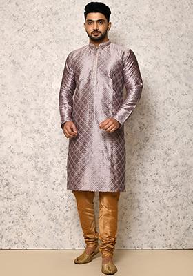 Purple Embroidered Silk Kurta Set For Men