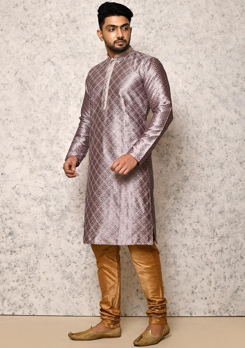 Purple Embroidered Silk Kurta Set For Men