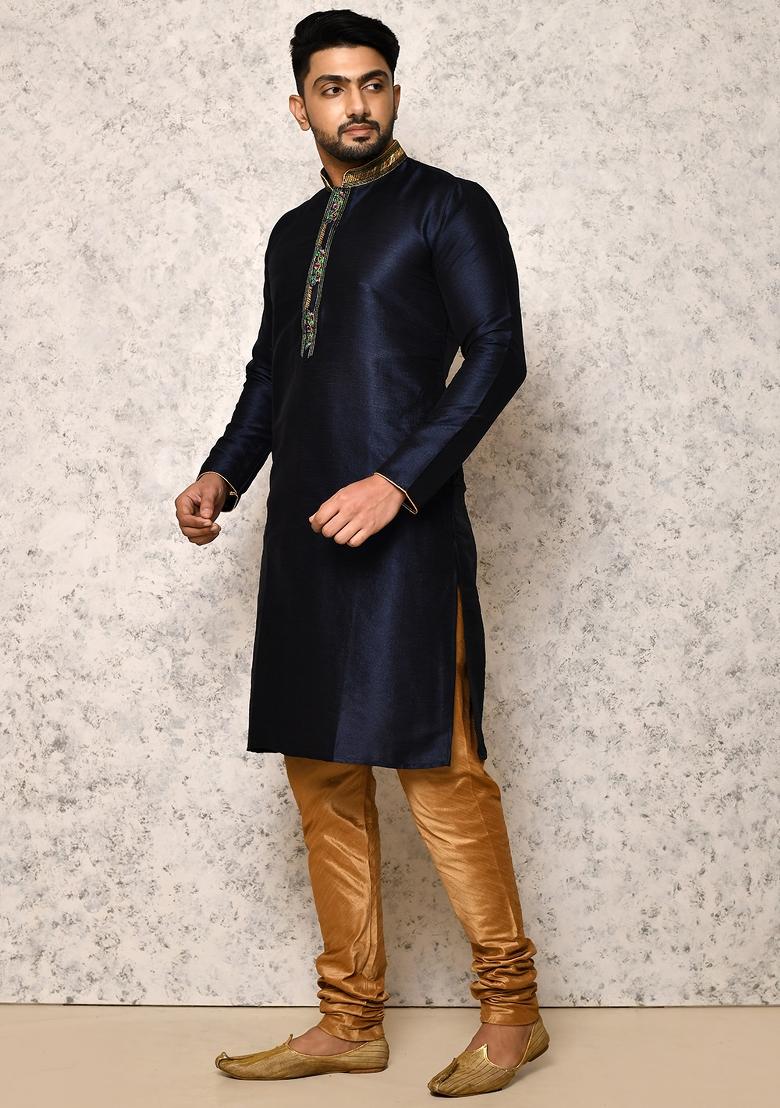 Blue Embroidered Silk Kurta Set For Men