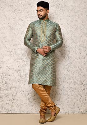 Firozi Embroidered Silk Kurta Set For Men
