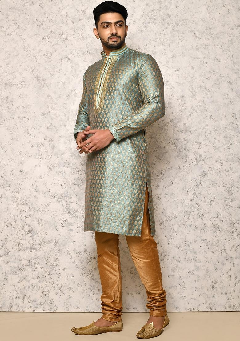 Firozi Embroidered Silk Kurta Set For Men