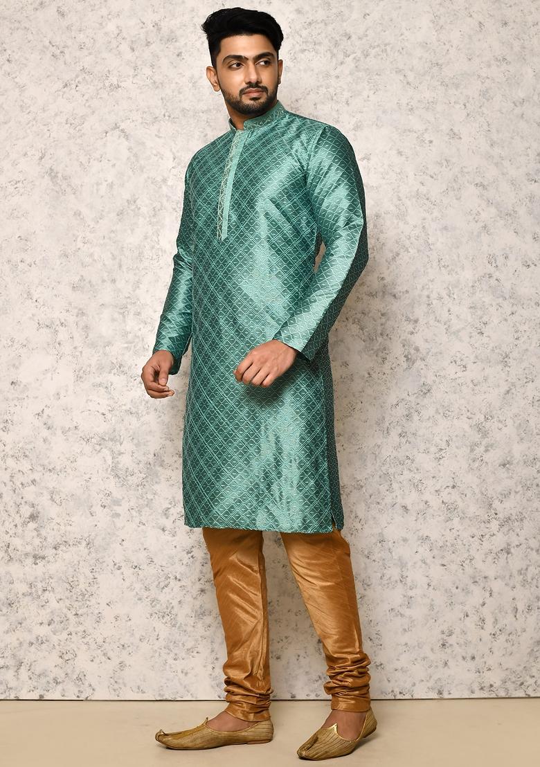 Green Embroidered Silk Kurta Set For Men