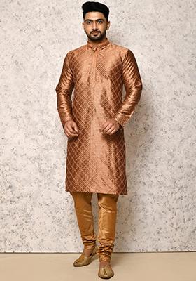 Brown Embroidered Silk Kurta Set For Men