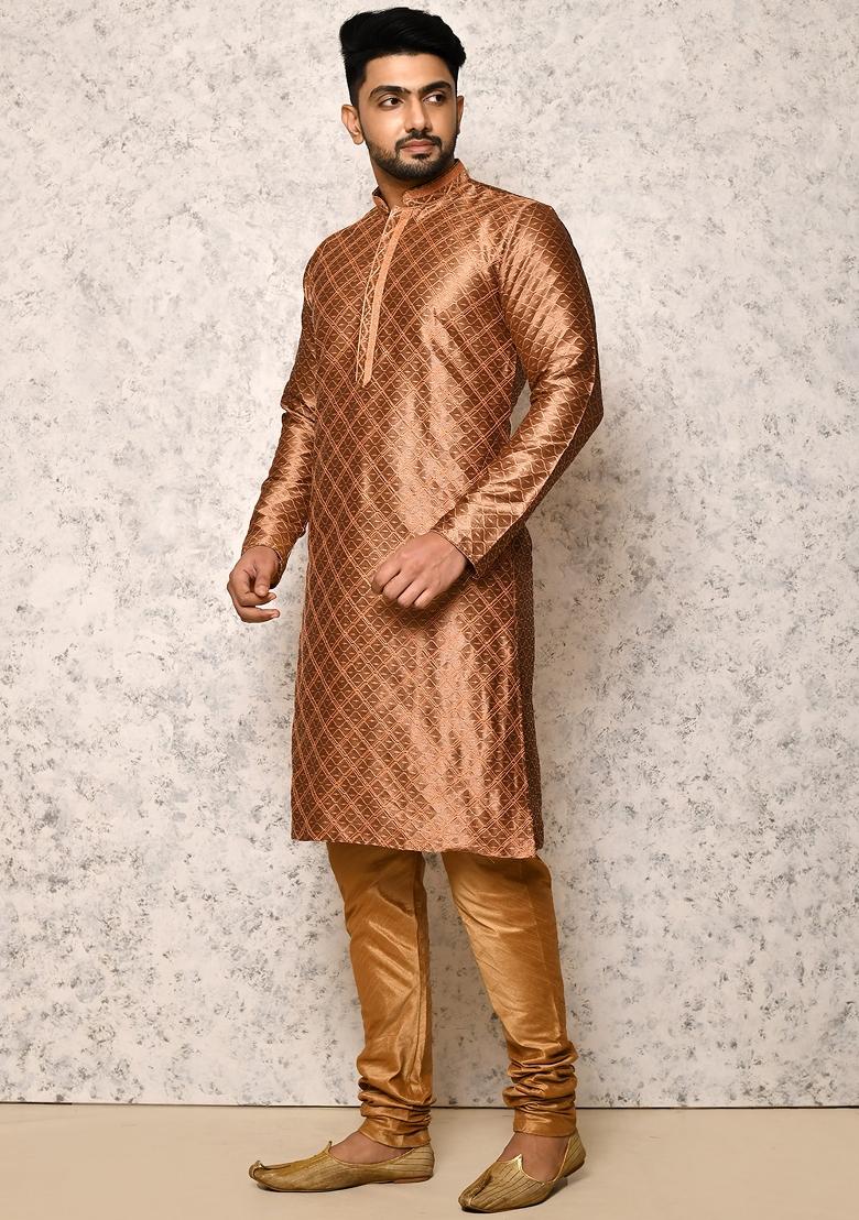 Brown Embroidered Silk Kurta Set For Men