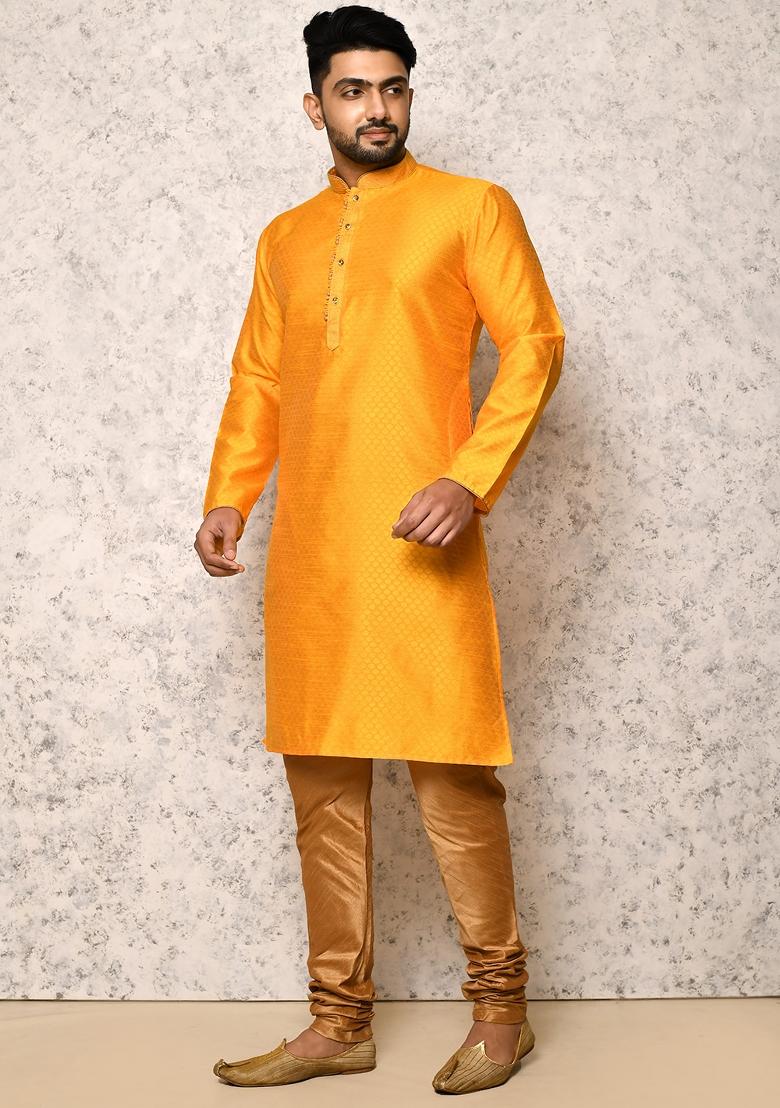 Yellow Embroidered Silk Kurta Set For Men