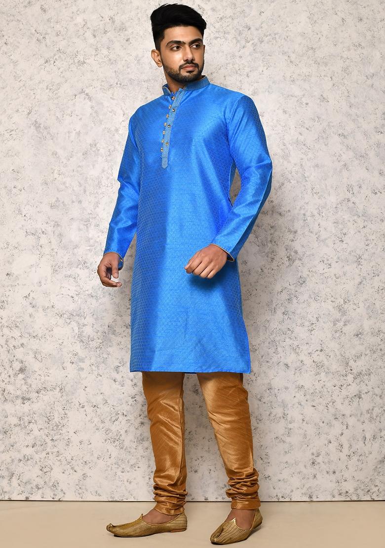 Blue Embroidered Silk Kurta Set For Men