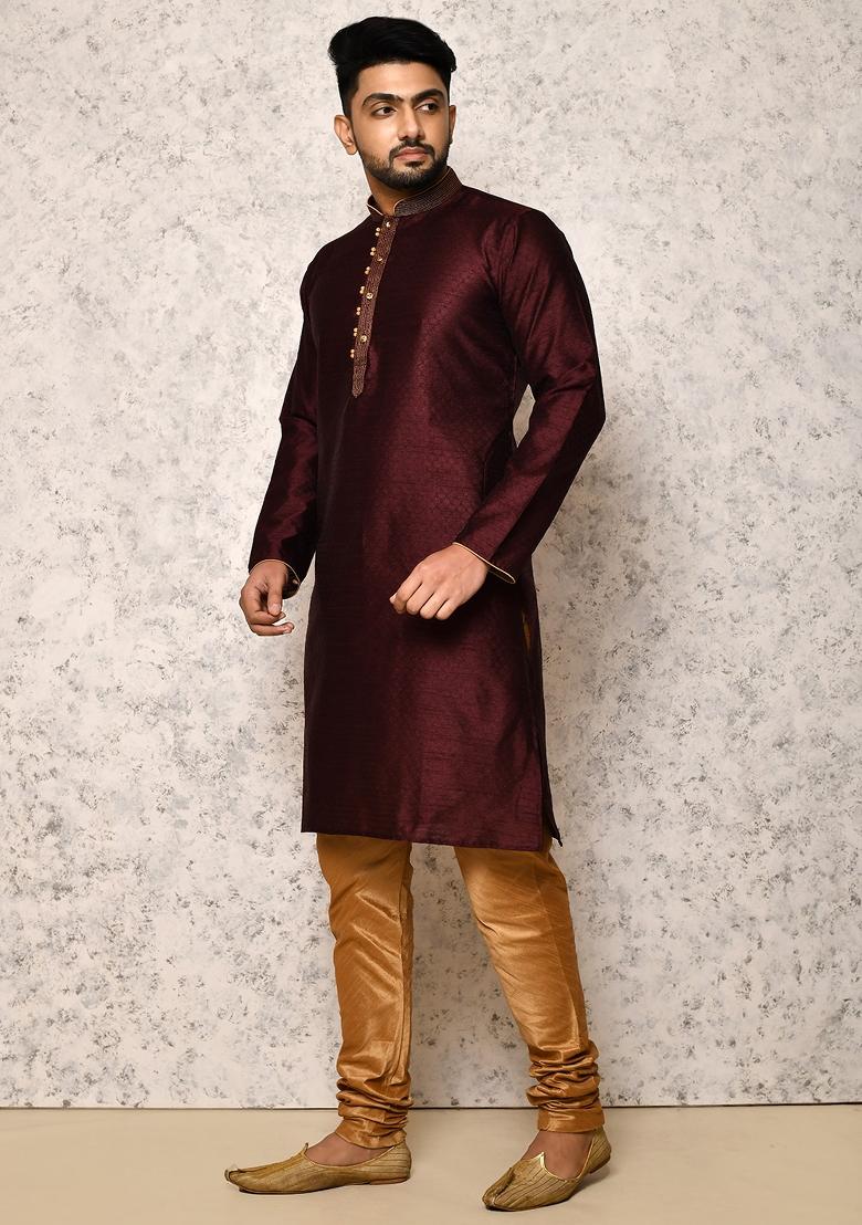 Wine Embroidered Silk Kurta Set For Men