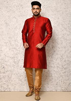 Maroon Embroidered Silk Kurta Set For Men