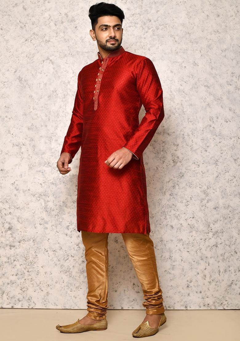 Maroon Embroidered Silk Kurta Set For Men