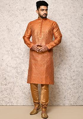 Orange Embroidered Silk Kurta Set For Men