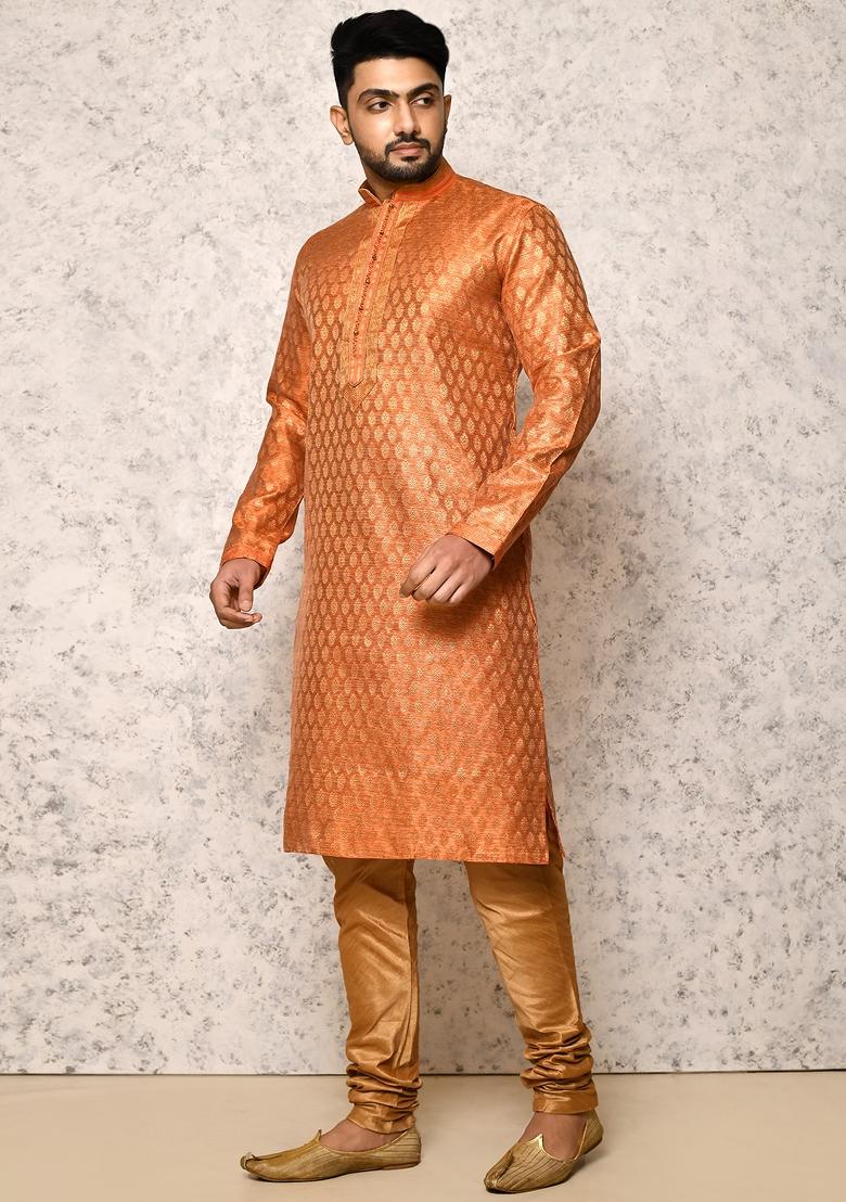 Orange Embroidered Silk Kurta Set For Men