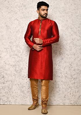 Maroon Embroidered Silk Kurta Set For Men