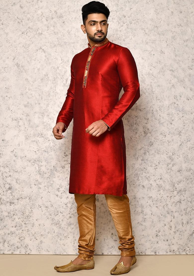 Maroon Embroidered Silk Kurta Set For Men