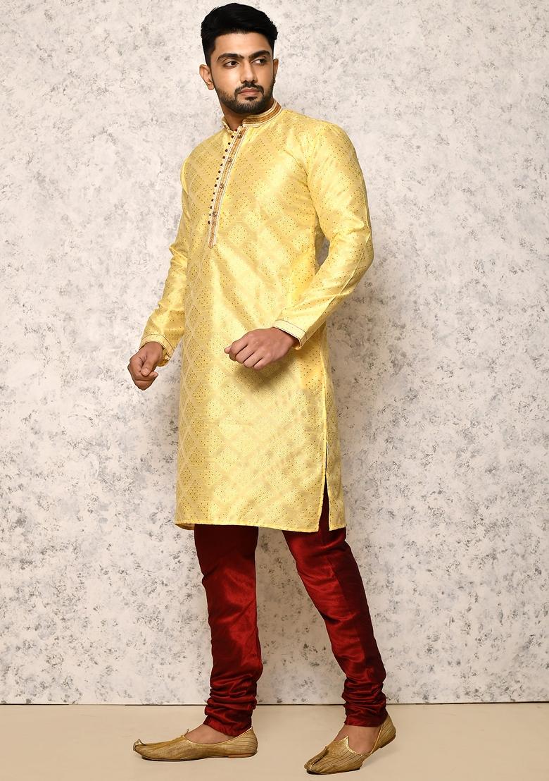Yellow Embroidered Silk Kurta Set For Men