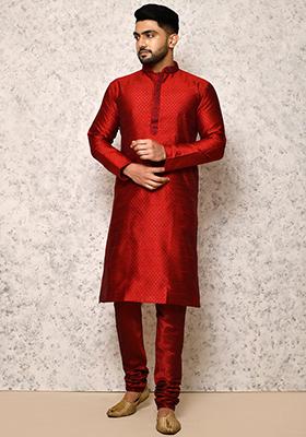 Maroon Embroidered Silk Kurta Set For Men
