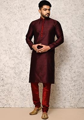 Wine Embroidered Silk Kurta Set For Men