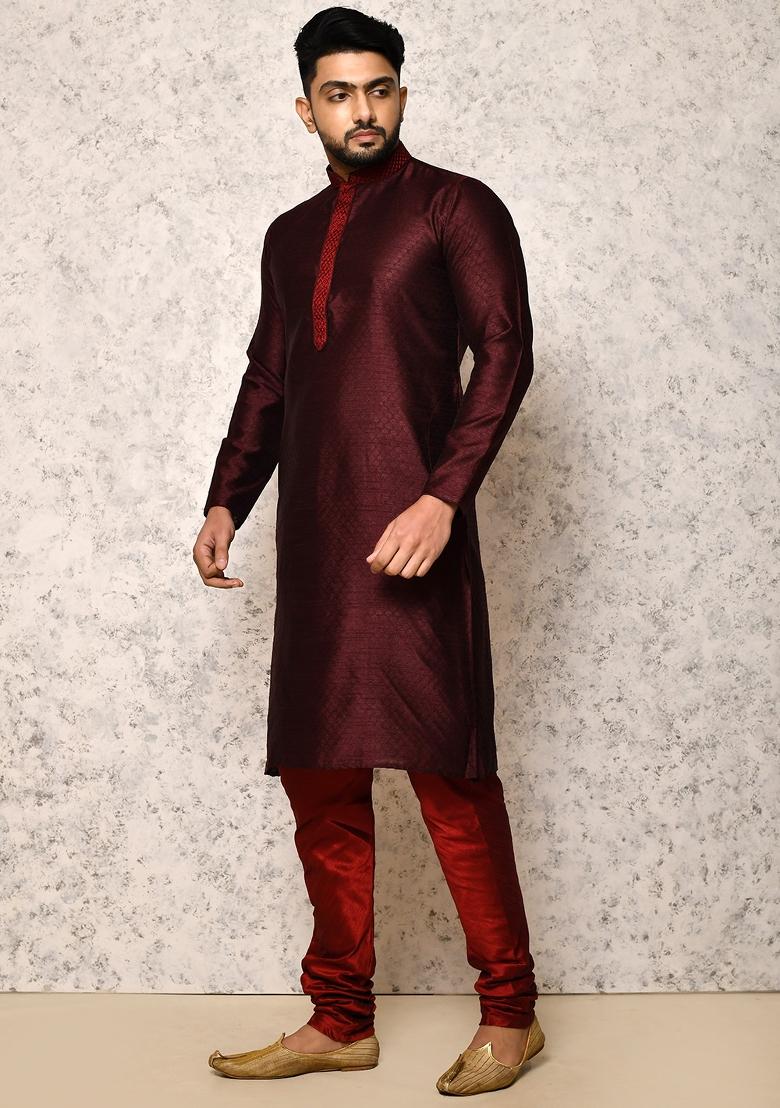 Wine Embroidered Silk Kurta Set For Men