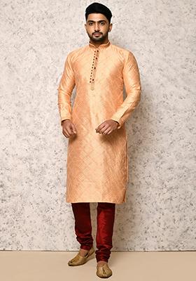 Rust Embroidered Silk Kurta Set For Men