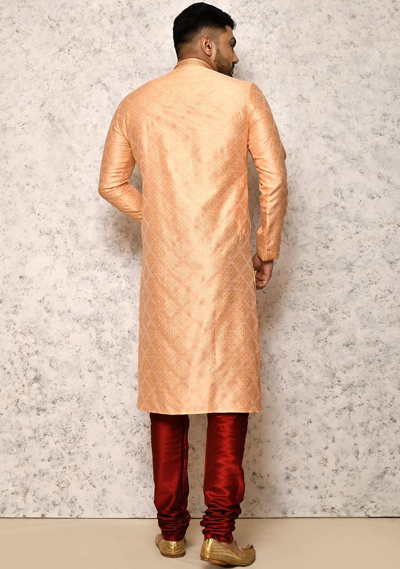 Rust Embroidered Silk Kurta Set For Men