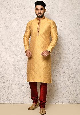 Golden Embroidered Silk Kurta Set For Men