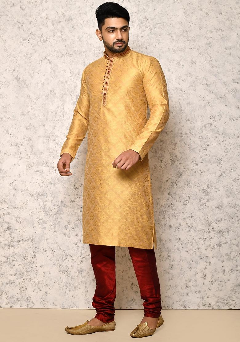 Golden Embroidered Silk Kurta Set For Men
