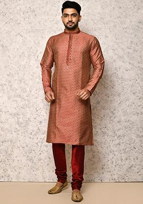 Maroon Embroidered Cotton Blend Kurta Set For Men