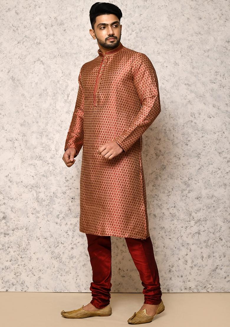 Maroon Embroidered Cotton Blend Kurta Set For Men