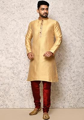 Gold Embroidered Silk Kurta Set For Men