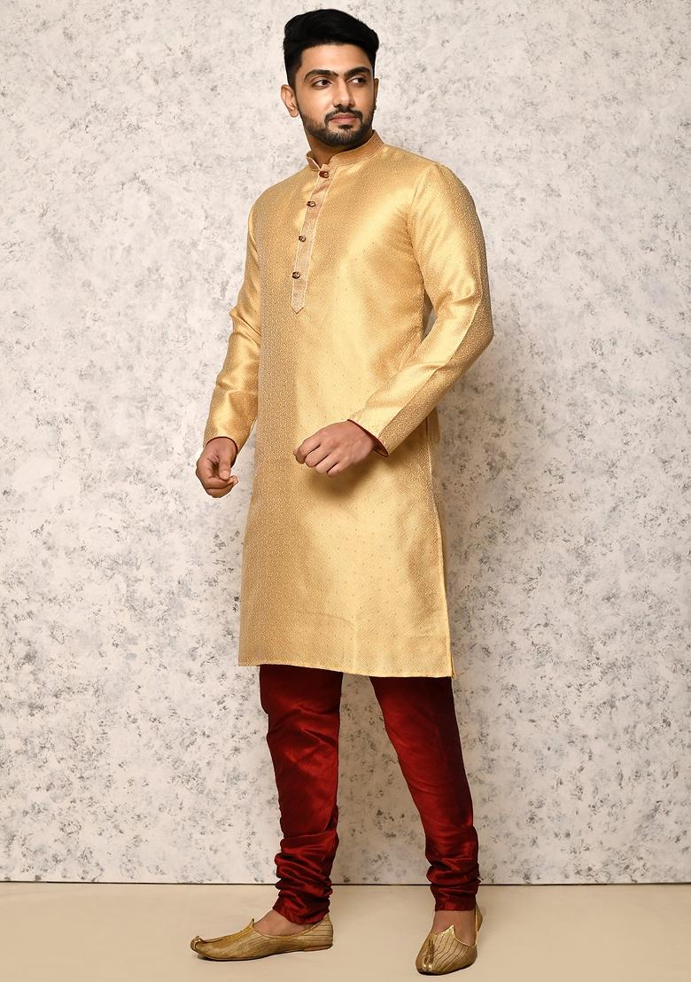 Gold Embroidered Silk Kurta Set For Men