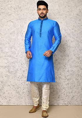 Sky Blue Embroidered Silk Kurta Set For Men