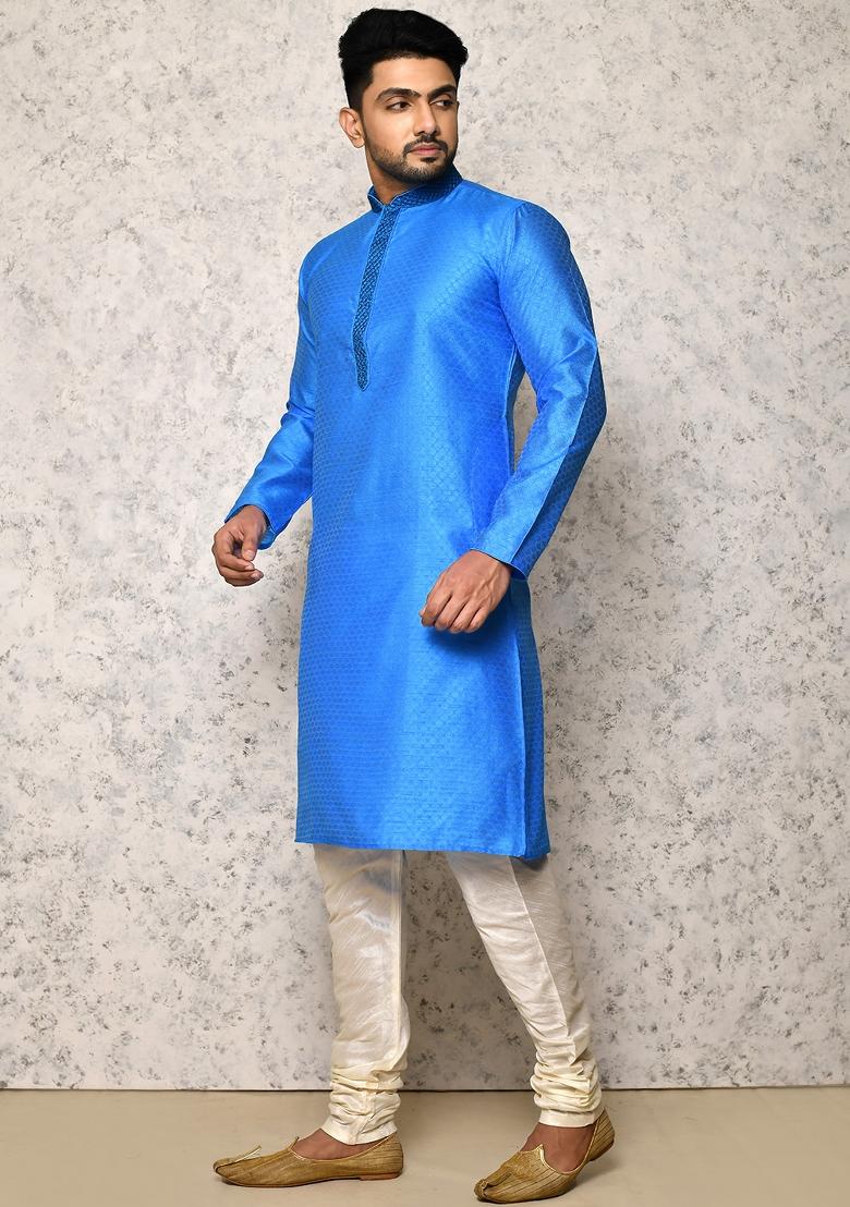 Sky Blue Embroidered Silk Kurta Set For Men