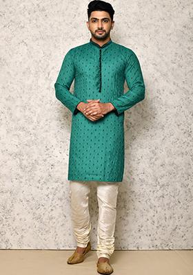 Green Embroidered Cotton Blend Kurta Set For Men