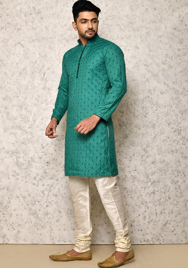 Green Embroidered Cotton Blend Kurta Set For Men