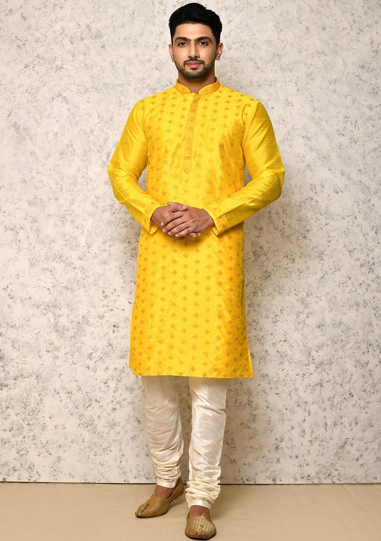 Yellow Embroidered Silk Kurta Set For Men
