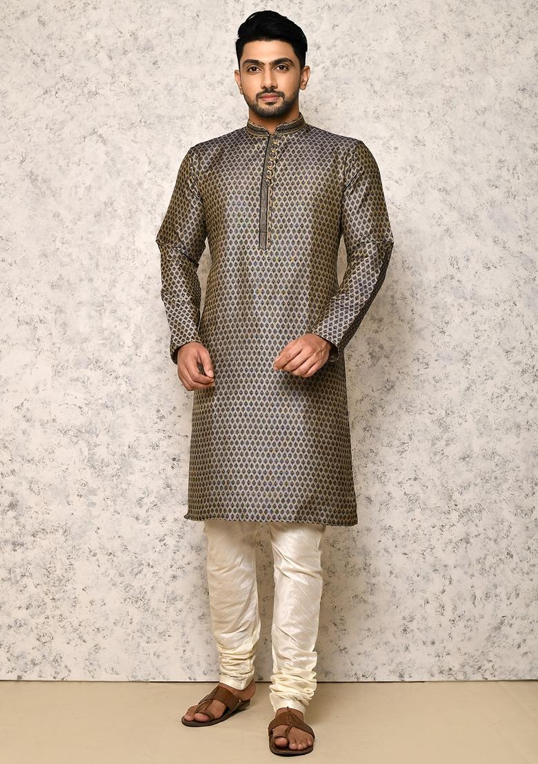 Blue Embroidered Cotton Blend Kurta Set For Men