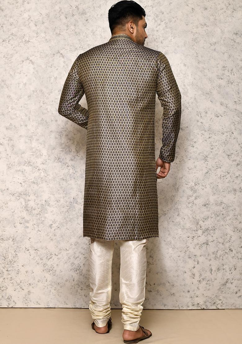 Blue Embroidered Cotton Blend Kurta Set For Men
