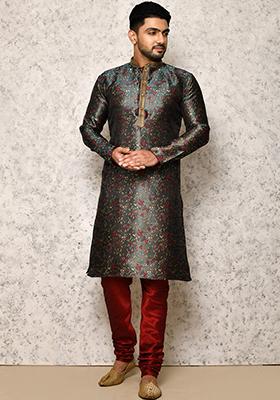 Green Embroidered Silk Kurta Set For Men
