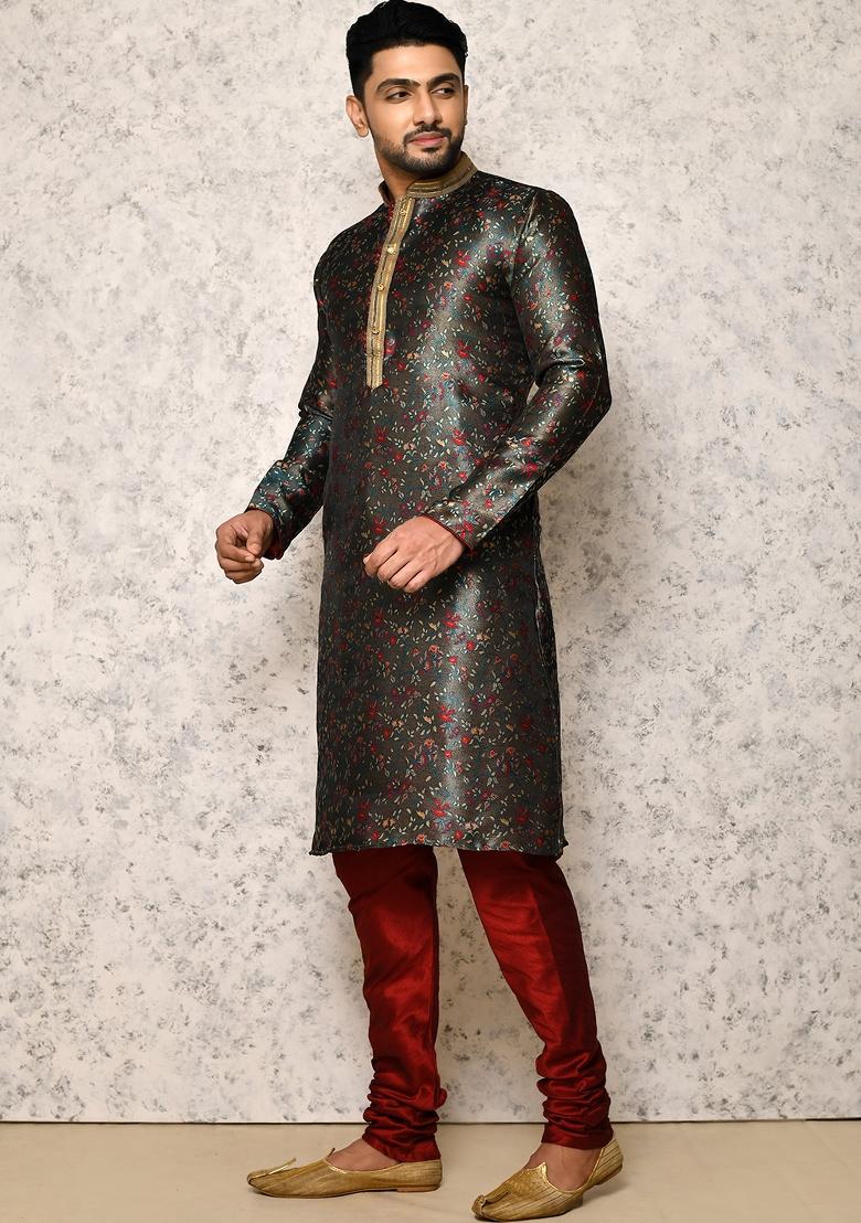 Green Embroidered Silk Kurta Set For Men