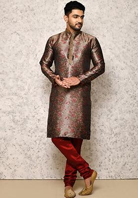 Grey Embroidered Silk Kurta Set For Men