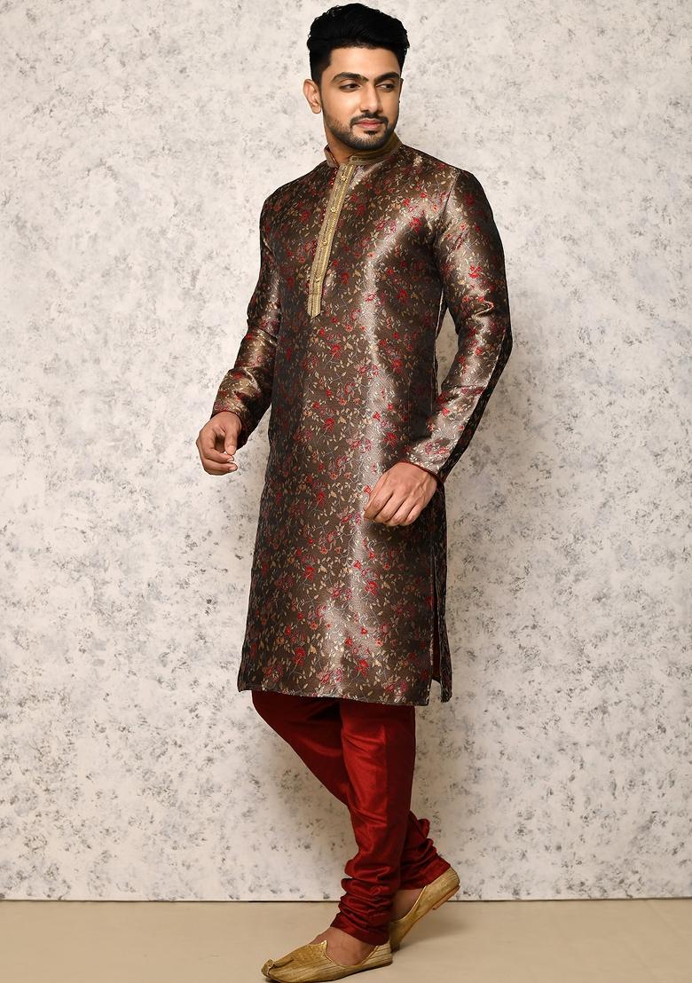 Grey Embroidered Silk Kurta Set For Men