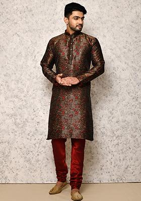 Brown Embroidered Silk Kurta Set For Men
