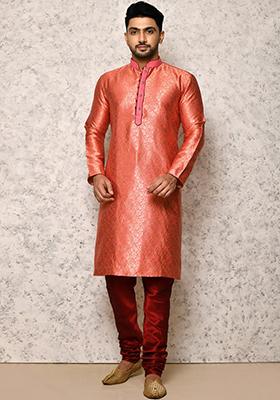 Pink Embroidered Silk Kurta Set For Men