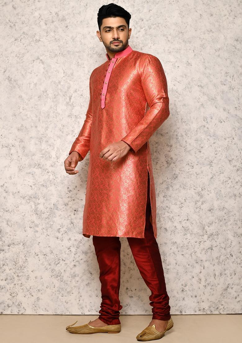 Pink Embroidered Silk Kurta Set For Men