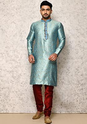 Sky Blue Embroidered Silk Kurta Set For Men