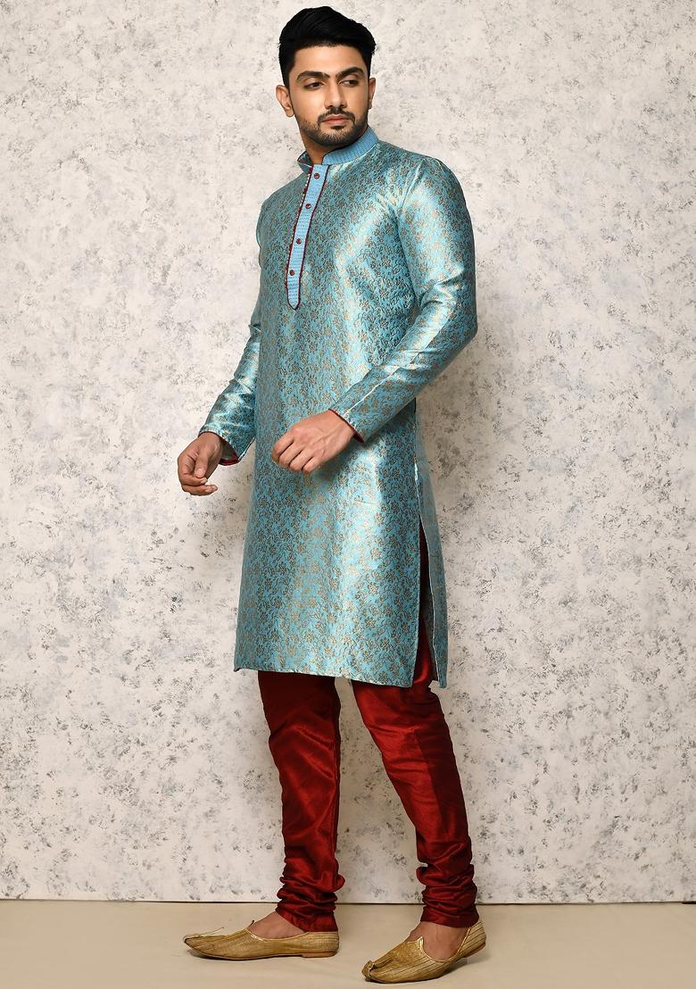 Sky Blue Embroidered Silk Kurta Set For Men