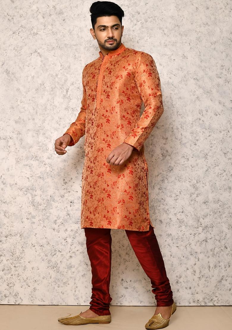 Orange Embroidered Silk Kurta Set For Men