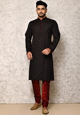Black Embroidered Cotton Blend Kurta Set For Men