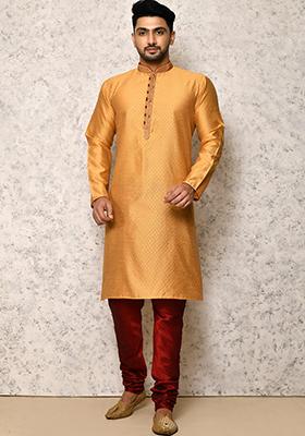 Golden Embroidered Silk Kurta Set For Men