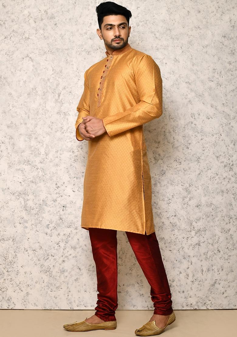 Golden Embroidered Silk Kurta Set For Men